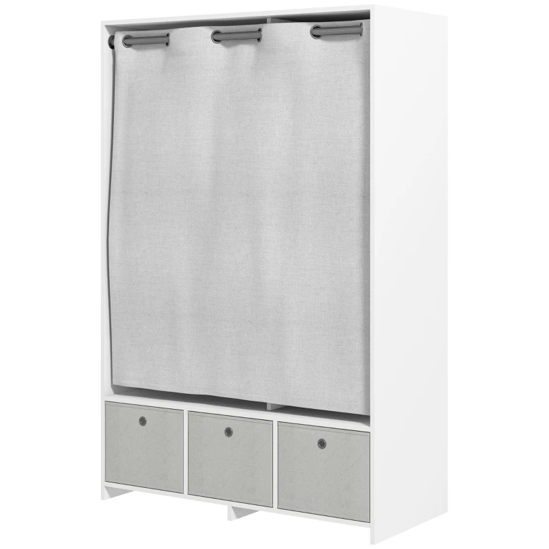 HOMCOM Armario para ropa armario de almacenamiento con barra cortinas 3 cajones de tela extraíbles 105x48x160 cm Blanco