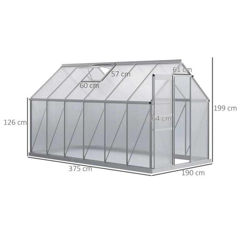 Outsunny Estufa de Jardim de Policarbonato e Alumínio Estufa de Exterior com Porta Corredeira e 2 Clarobóias para Cultivo de Plantas Sementes 190x375x199cm Transparente