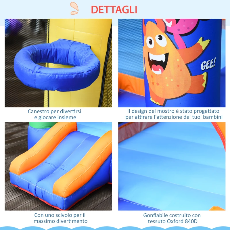 Outsunny Casa Juego Castillo Hinchable Gigante para Niños 3-8 años Trampolín Rebote Colorido con Tobogán y Aro 250x180x175 cm
