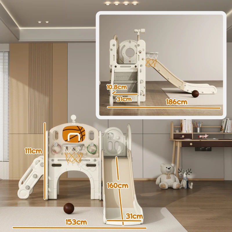 AIYAPLAY Juego de patio para niños, tobogán 7 en 1, Parque de juegos interior con caja de almacenamiento y túnel de gateo, 186x153x111 cm, Blanco crema