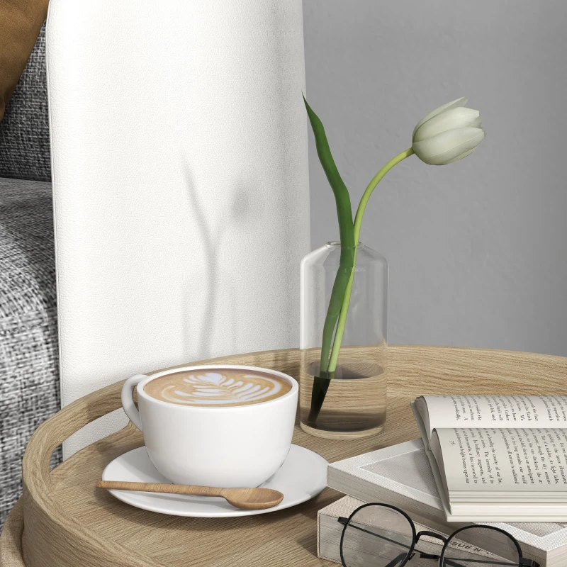 HOMCOM Puffs Redondo reposapiés taburete con almacenamiento bandeja reversible mueble 3 en 1 pata de madera Beige