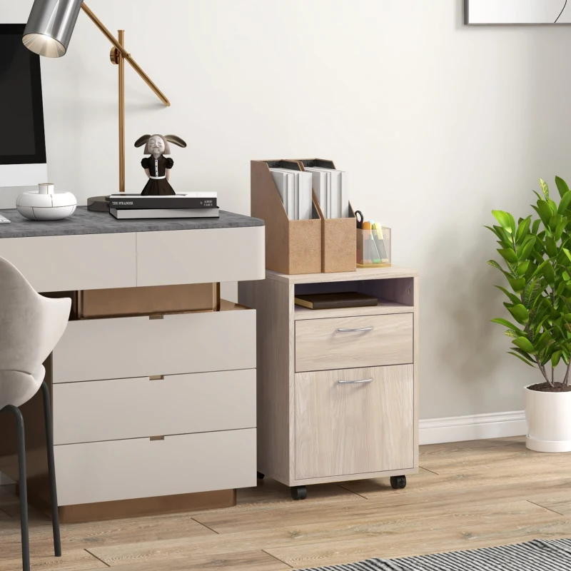 HOMCOM Archivador de oficina con ruedas cajón estante armario y bandeja para documentos y carpeta colgante 40x35x60 cm Roble