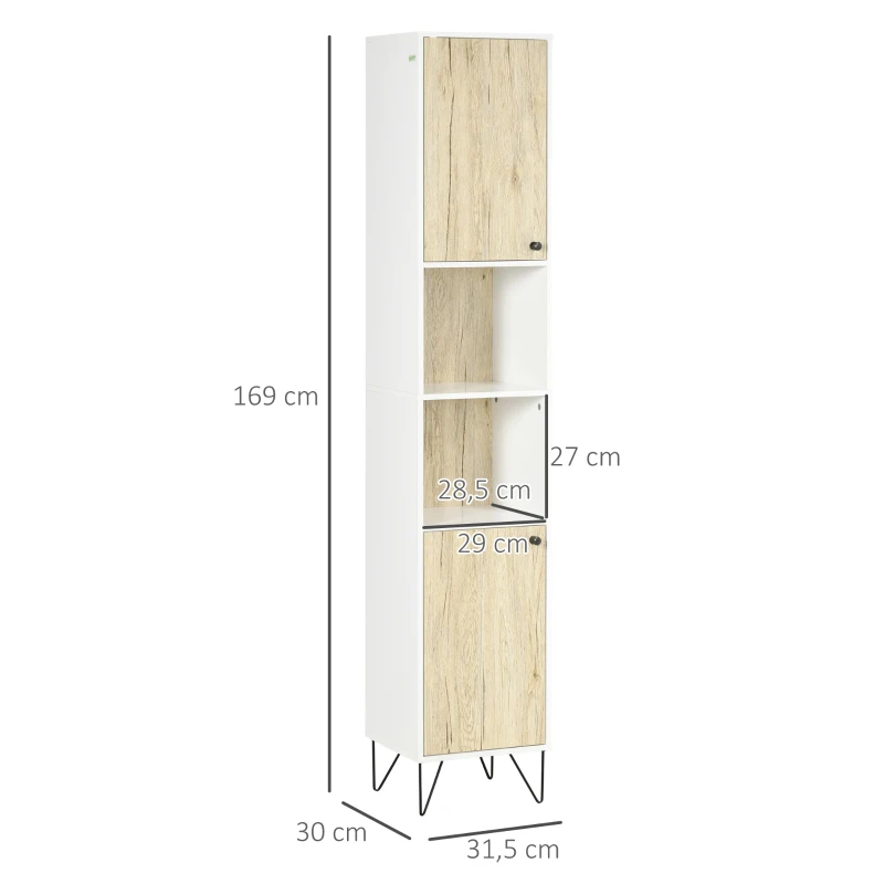 kleankin Mueble columna de baño alto con patas de pelo 2 armarios con estante 30x31,5x169 cm