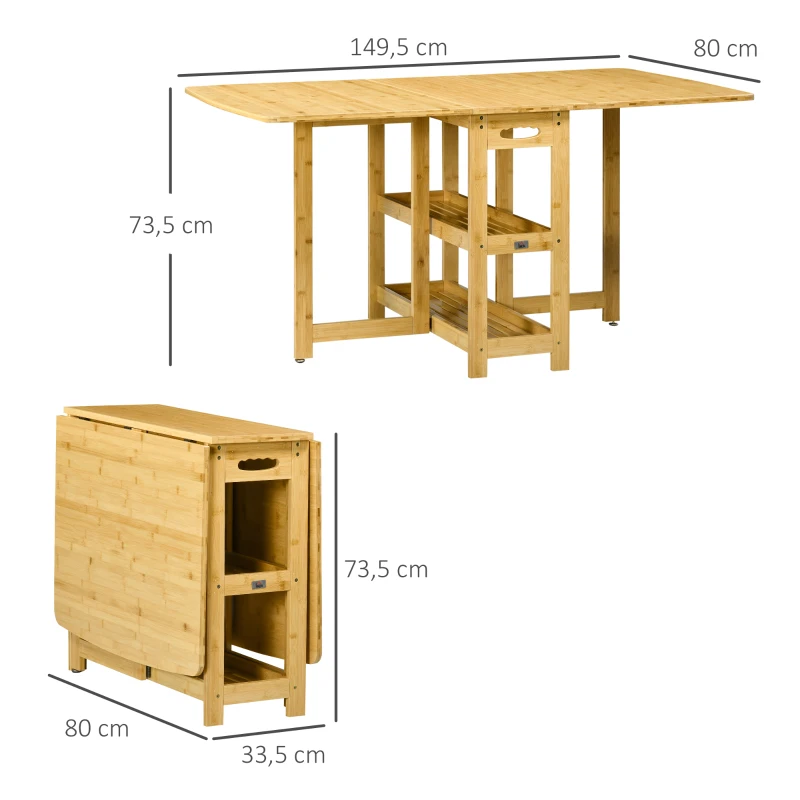 HOMCOM Mesa Plegable Mesa de Comedor dos tableros plegables dos estantes patas ajustables Bambú 149,5x80x73,5 cm