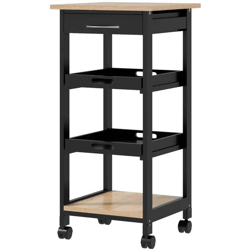 HOMCOM Carrello Di Servizio Da Cucina A Ruote Con 2 Ripiani Rimovibili, Cassetto, Scaffale Rovere Chiaro Legno Di Pino Nero