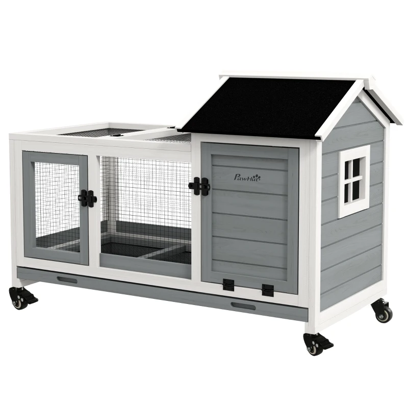 PawHut Konijnenhok, Kleine Dierenhok voor Dwergkonijnen, Cavia's, met Wielen, 108 x 58 x 73,5 cm, Grijs(m-11)