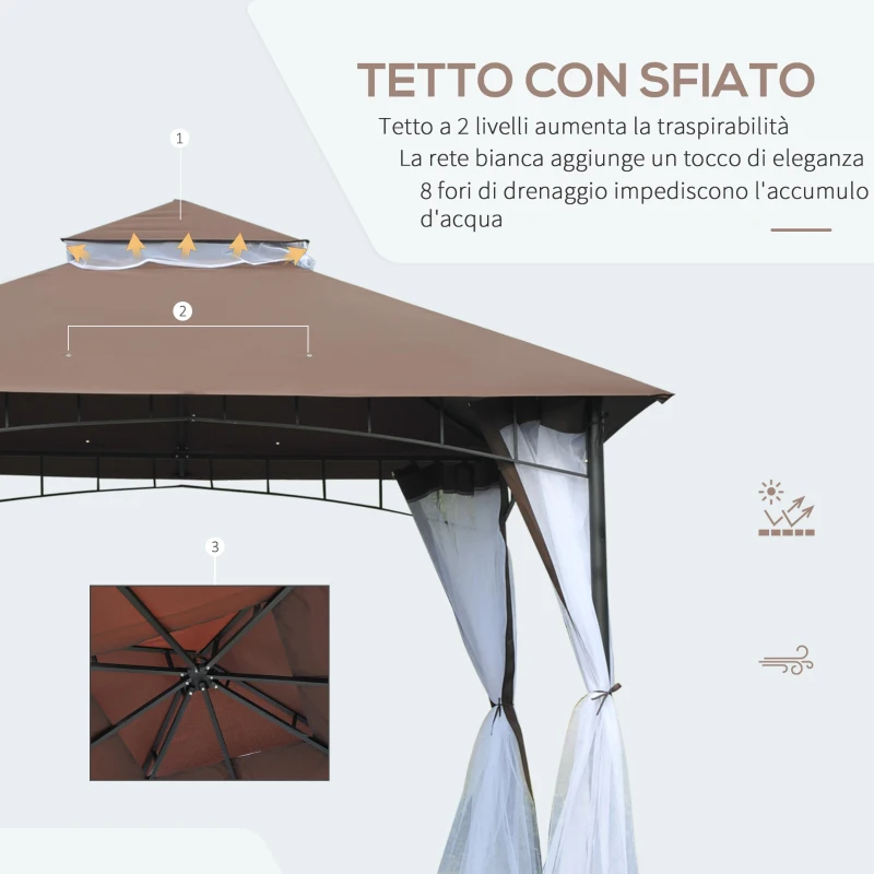Outsunny Gazebo da Giardino 3x3m con Zanzariera, Tetto a 2 Livelli e Struttura in Metallo Marrone