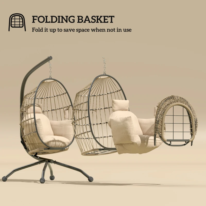 Outsunny Hanging Egg Chair Outdoor Indoor Garden Swing Chair with Folding Basket and Thickened Cushion, Garden Hanging Chair with Stand, Headrest, Cup Holder for Patio, Balcony, Khaki