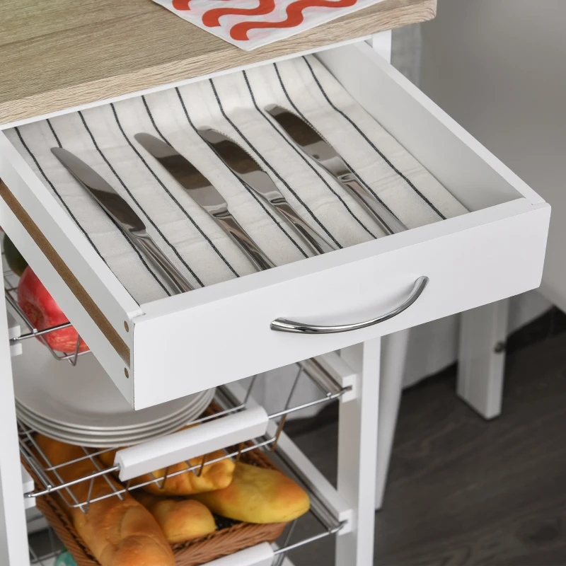 HOMCOM Carrito de servicio con ruedas y múltiples compartimentos 4 cestas metálicas + cajón madera de pino 37x37x82 cm Blanco
