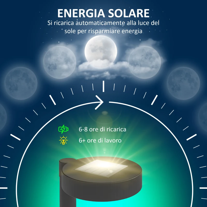 Outsunny Set 8 Faretti da Esterno a Energia Solare con Illuminazione LED a 3000K, in PP, PS e ABS, 12x10x46 cm, Nero