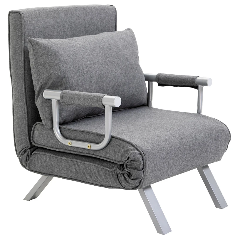 HOMCOM Sillón convertible sofá-cama de 1 plaza desenfundable de gran comodidad con cojín y patas de apoyabrazos metálicas de lino Gris