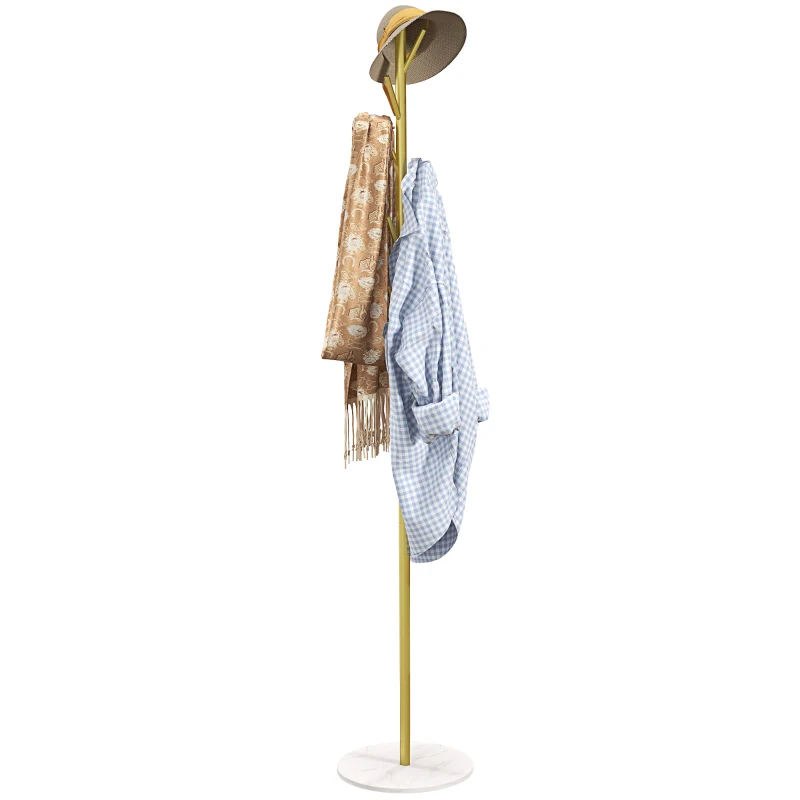 HOMCOM Perchero de Pie con 8 Ganchos Base de Mármol y Acero 32x164 cm Oro