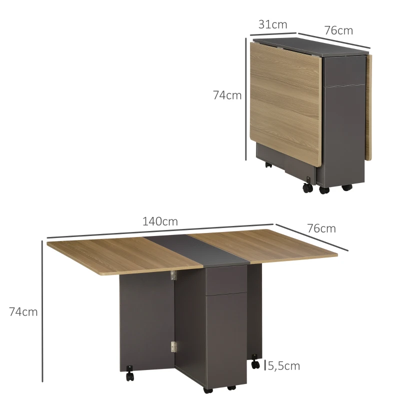 HOMCOM Mesa de comedor plegable con ruedas y almacenamiento 2 cajones y 1 armario 76x140x74 cm