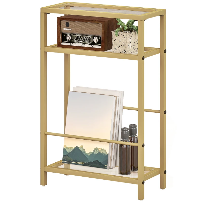 HOMCOM 3-Tier Side Table, Narrow End Table with Storage Shelf and Tempered Glass Tabletop for Small Spaces, Bedroom, Living Room, Entryway, Gold Tone