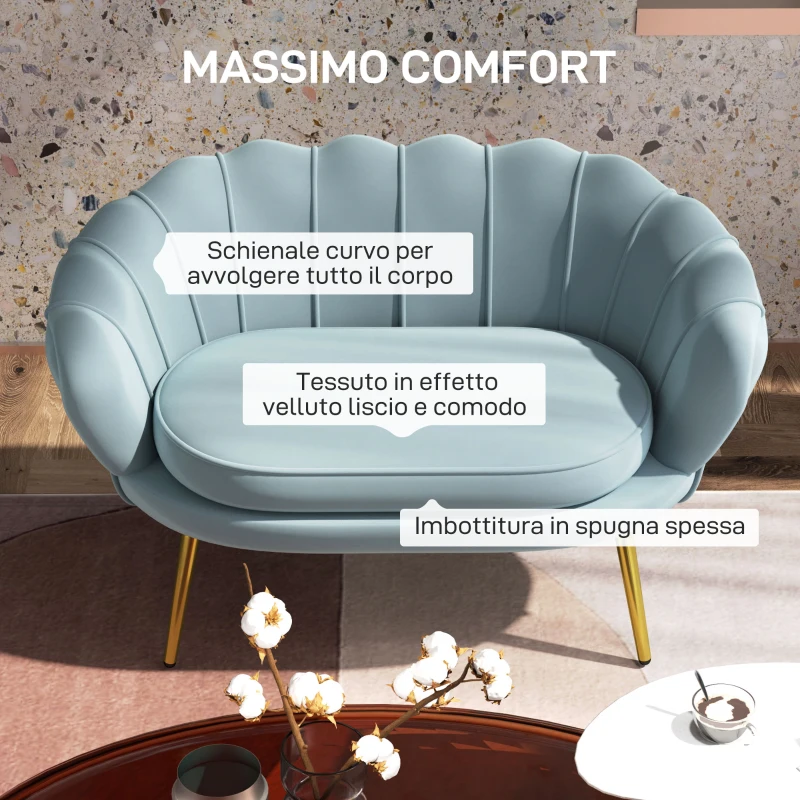 HOMCOM Divanetto 2 Posti in Stile Industrial Chic in Tessuto Effetto Velluto e Metallo, 130x77x77 cm, Azzurro