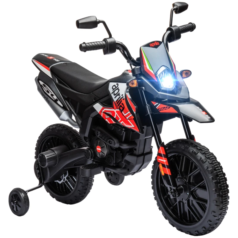 AIYAPLAY Moto eléctrica niños con licencia Aprilia con 2 motores 12V, ruedas de entrenamiento, luz LED, música - rojo
