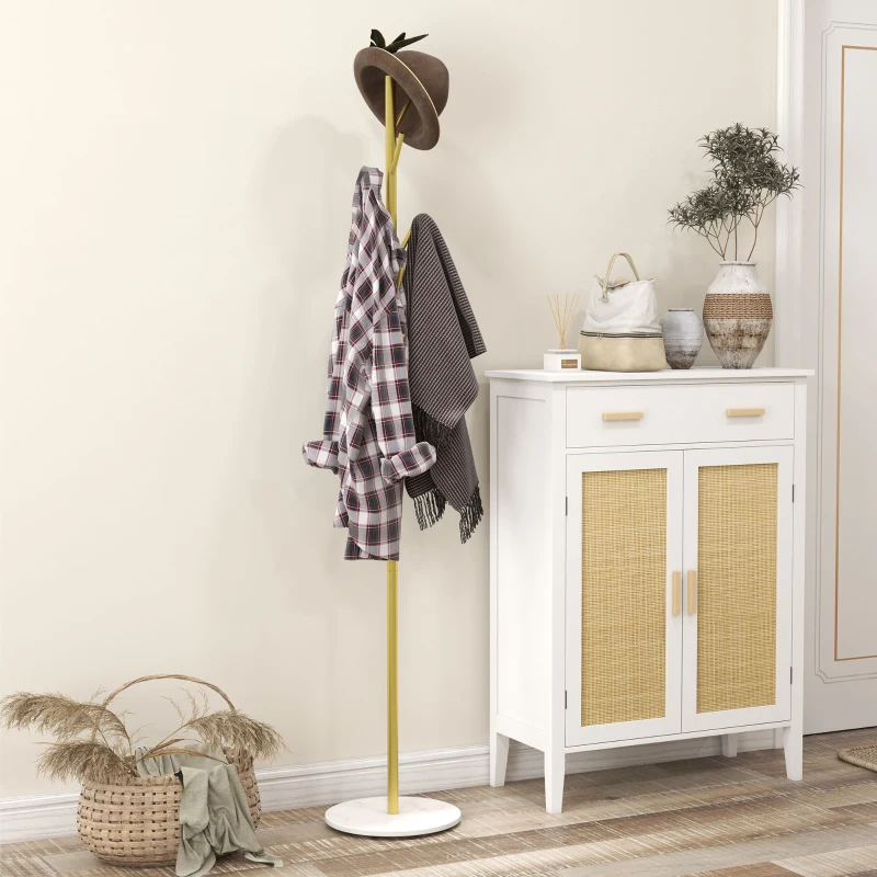 HOMCOM Perchero de Pie con 8 Ganchos Base de Mármol y Acero 32x164 cm Oro