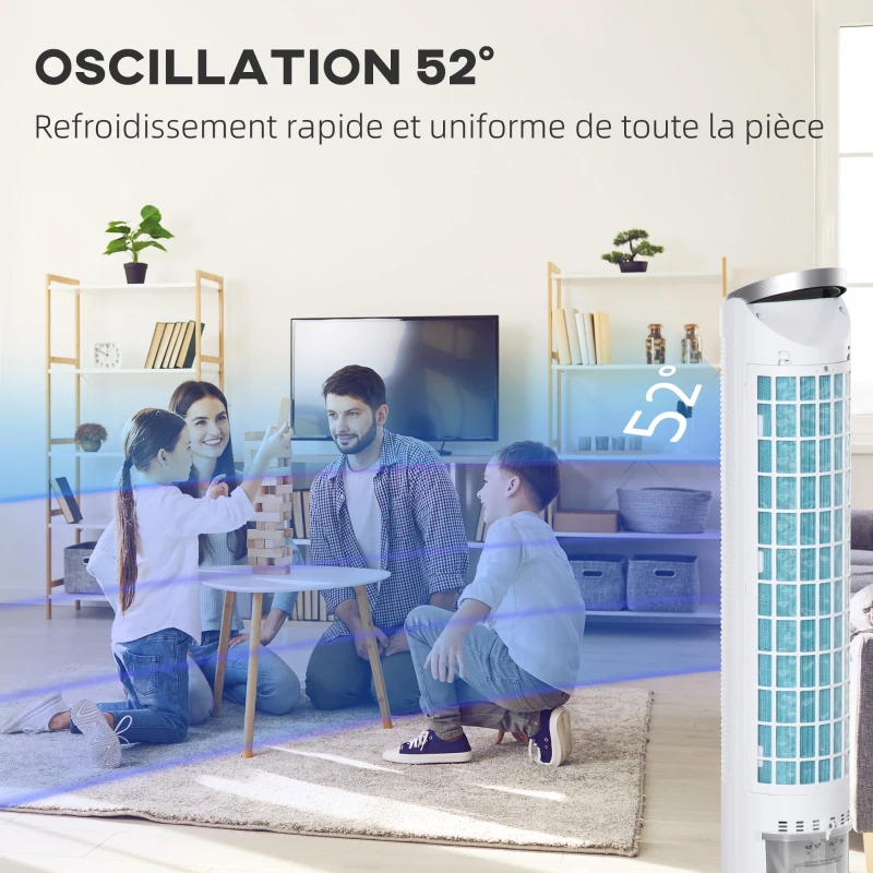 HOMCOM Climatizzatore Raffrescatore d'Aria 4 in 1, Ventilatore a Colonna, Umidificatore, Purificatore, Oscillante, Timer, 3 Modalità, 3 Velocità, Telecomando, Serbatoio 2L con 2 Blocchi Refrigeranti, Bianco