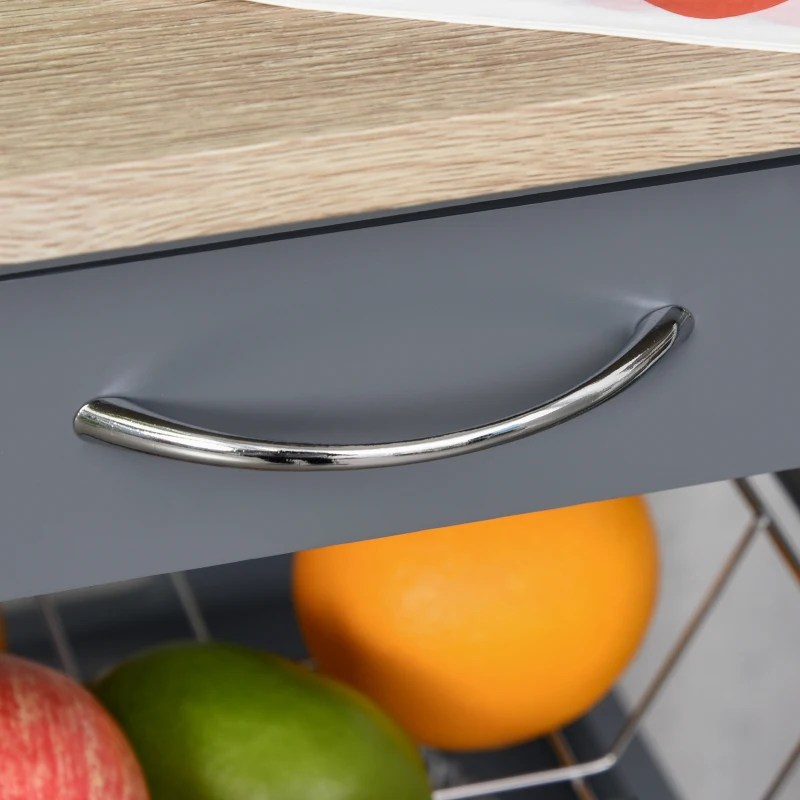 HOMCOM Carrito de servicio para cocina con ruedas cesta + 2 bandejas extraíbles cajón estante en madera de Roble claro