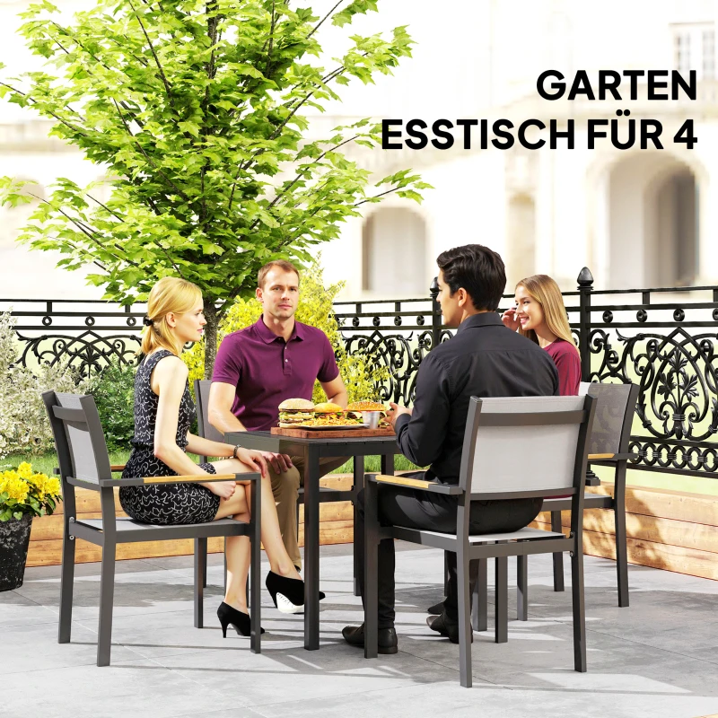 Outsunny Gartentisch Aluminium 73x73 cm Wetterfest Buffettisch mit Holzoptik, Campingtisch für 4 Personen Schwarz(m-4)