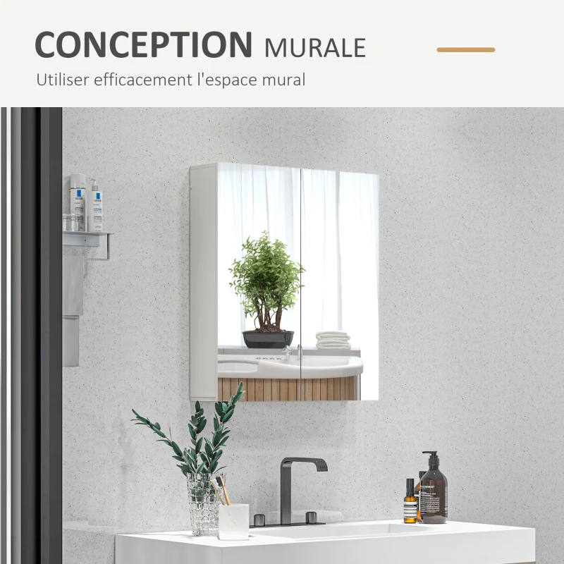 kleankin Armario de Pared de Baño con Espejo Armario de Almacenamiento 2 Puertas 3 Niveles Estante Ajustable 60x15x60 cm Blanco