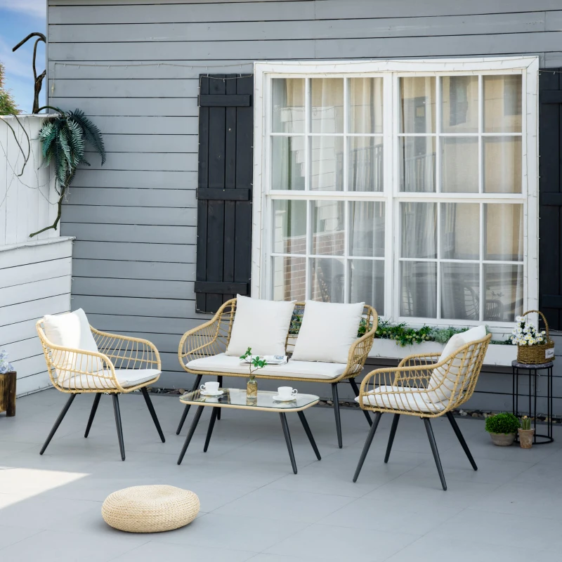 Outsunny Set da Giardino 4 Pezzi con 2 Sedie da Giardino, Divanetto 2 Posti e Tavolino Basso, Naturale e Crema