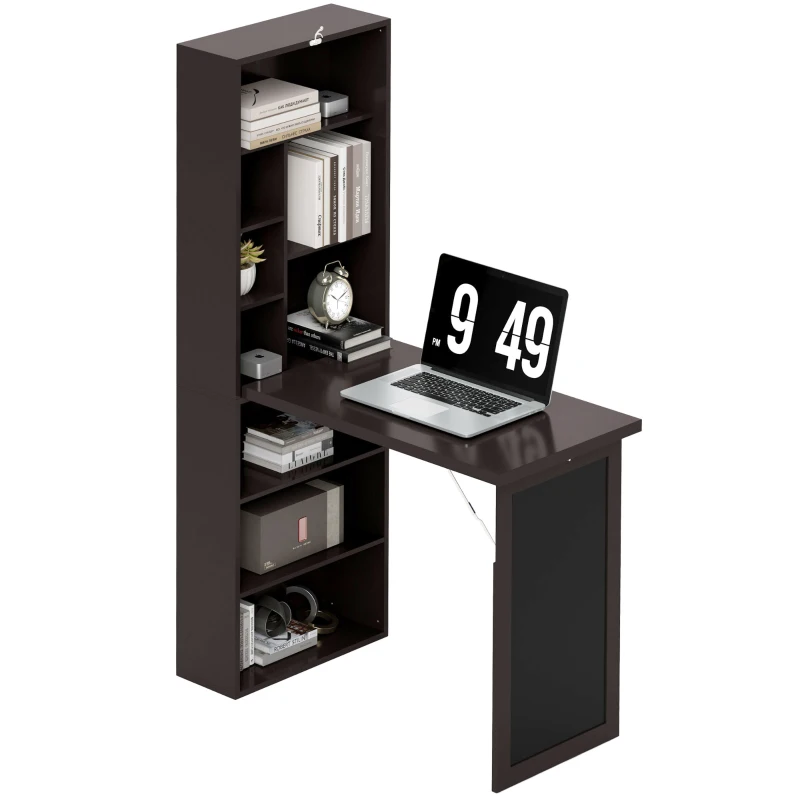 HOMCOM Escritorio con almacenamiento plegable de pared con biblioteca área de trabajo pizarra y estante ajustable
