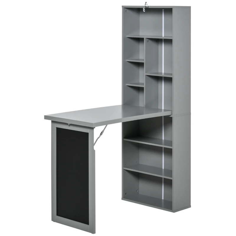 HOMCOM Escritorio con almacenaje plegable de pared abatible con estantería puesto de trabajo tablero de tiza y estante ajustable