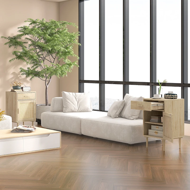 HOMCOM Mesita de Noche con Armario y Estante Puerta Tejida de Ratán + 1 Cajón Diseño Bohemio - 40x40x68,5 cm Natural
