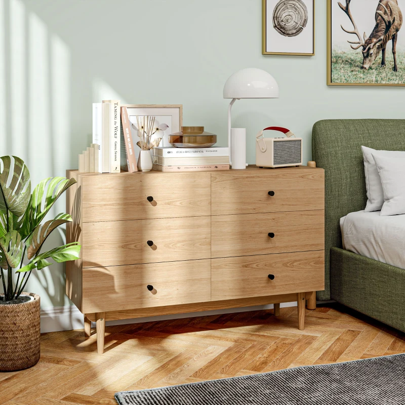 HOMCOM Cómoda 6 cajones Mueble de Almacenamiento patas de madera maciza 120x40x80 cm color madera