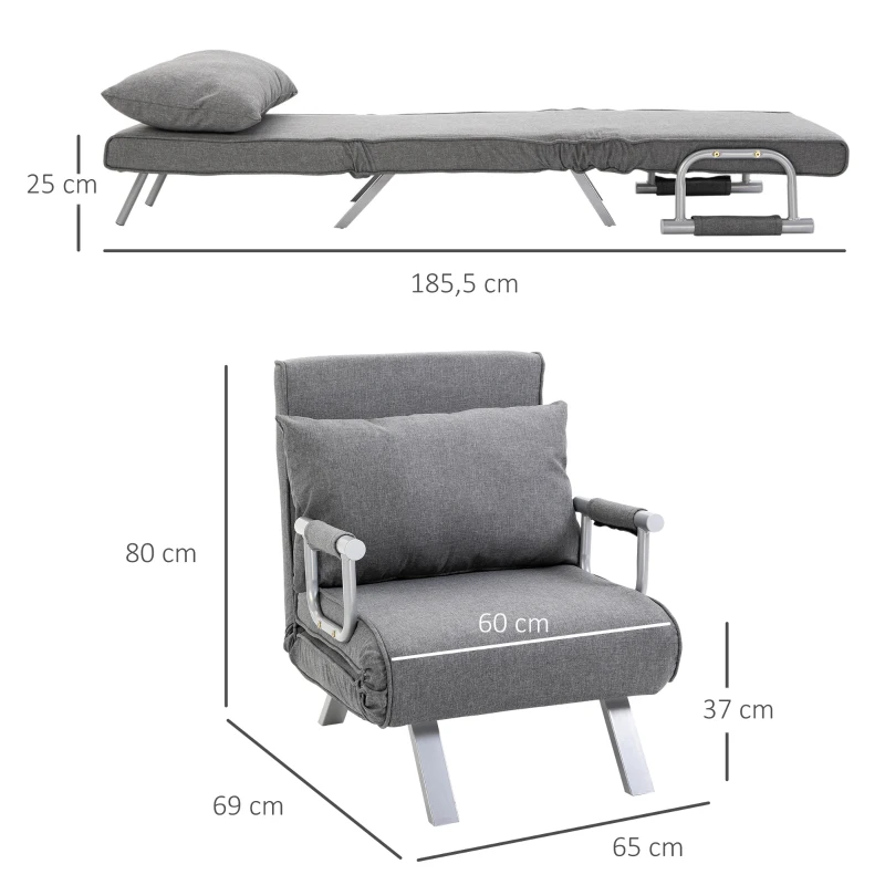HOMCOM Sillón convertible sofá-cama de 1 plaza desenfundable de gran comodidad con cojín y patas de apoyabrazos metálicas de lino Gris