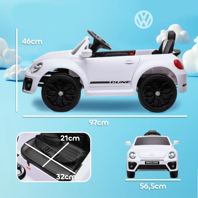 AIYAPLAY Coche eléctrico para niños VW Coccinelle, 3-5 km/h, con control remoto y música, Blanco