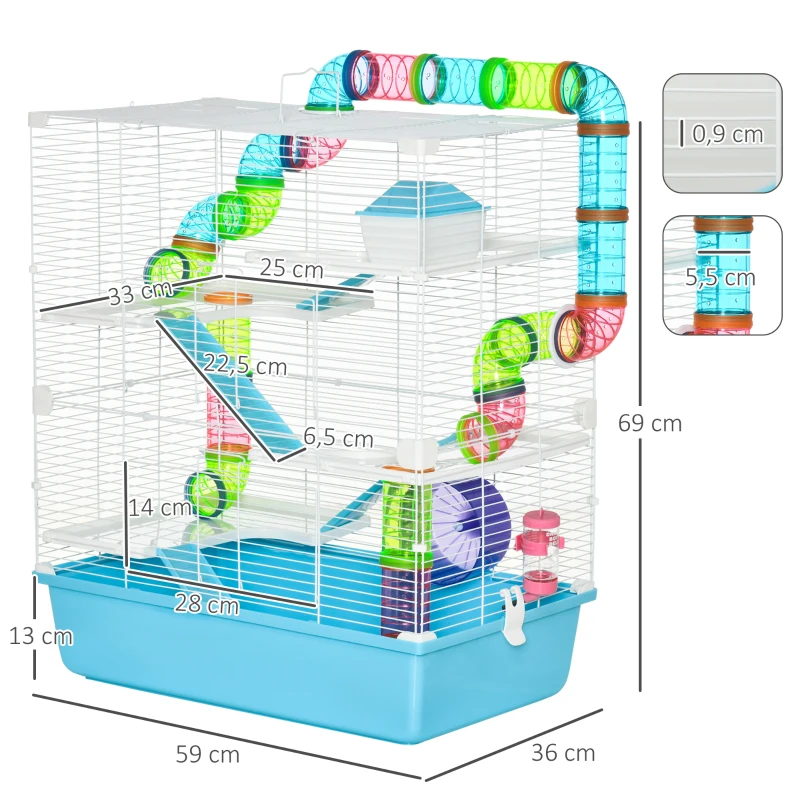 Pawhut Gaiola para Hamster Grande 59x36x69 cm 4 Plataformas Tubos Comedouro Bebedouro 4 Rampas Roda de Exercícios e 2 Alças