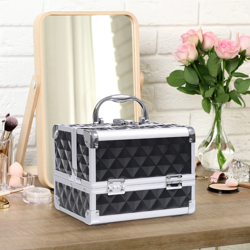 HOMCOM Maleta de maquillaje almacenamiento a 3 niveles con espejo cierre con 2 llaves 20x15x15 cm Negro