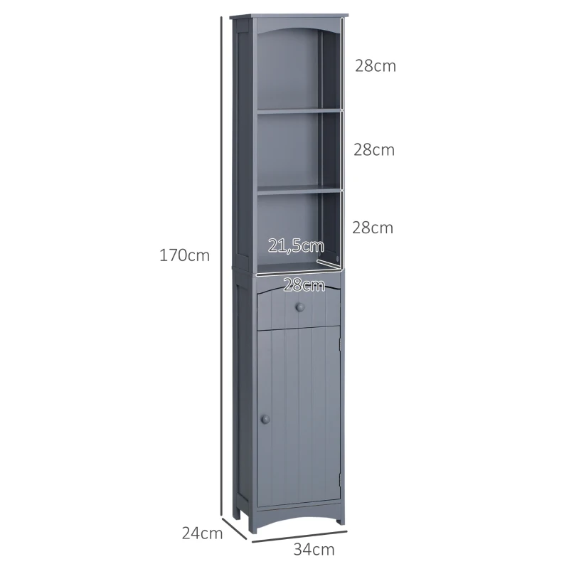 HOMCOM Mueble Columna de Baño Mueble columna de almacenamiento WC con estantería y cajón armario 34x24x170 cm Gris