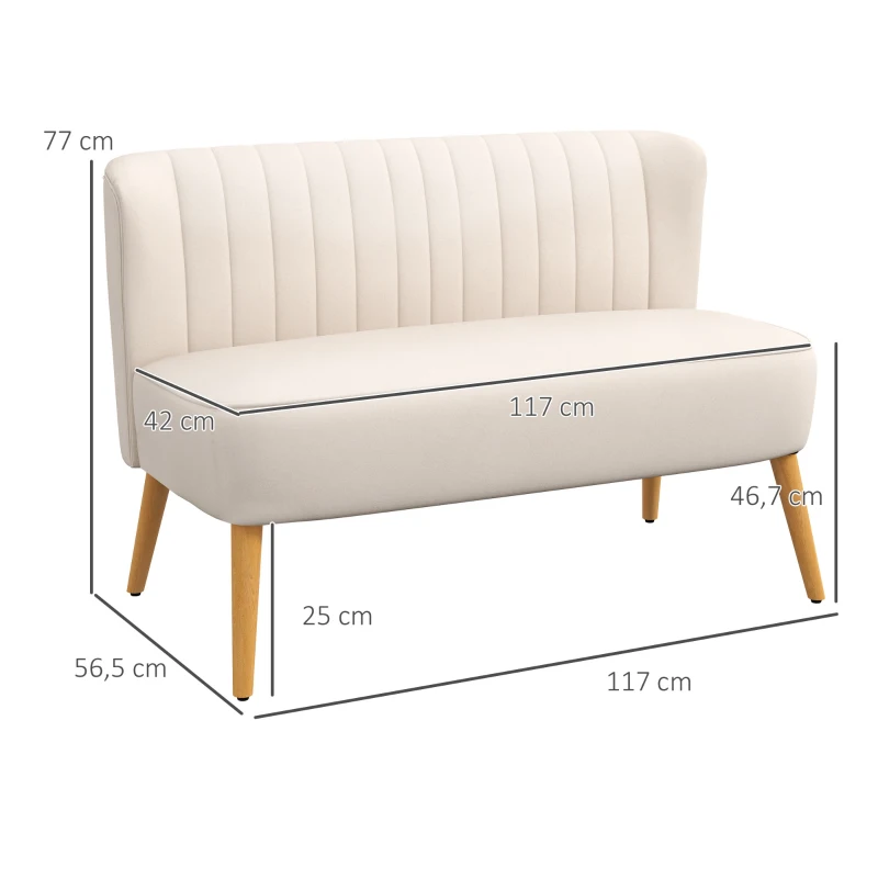 HOMCOM Sofá de Diseño Retro de 2 Plazas Patas de Madera 117x56,5x77 cm Blanco Crema
