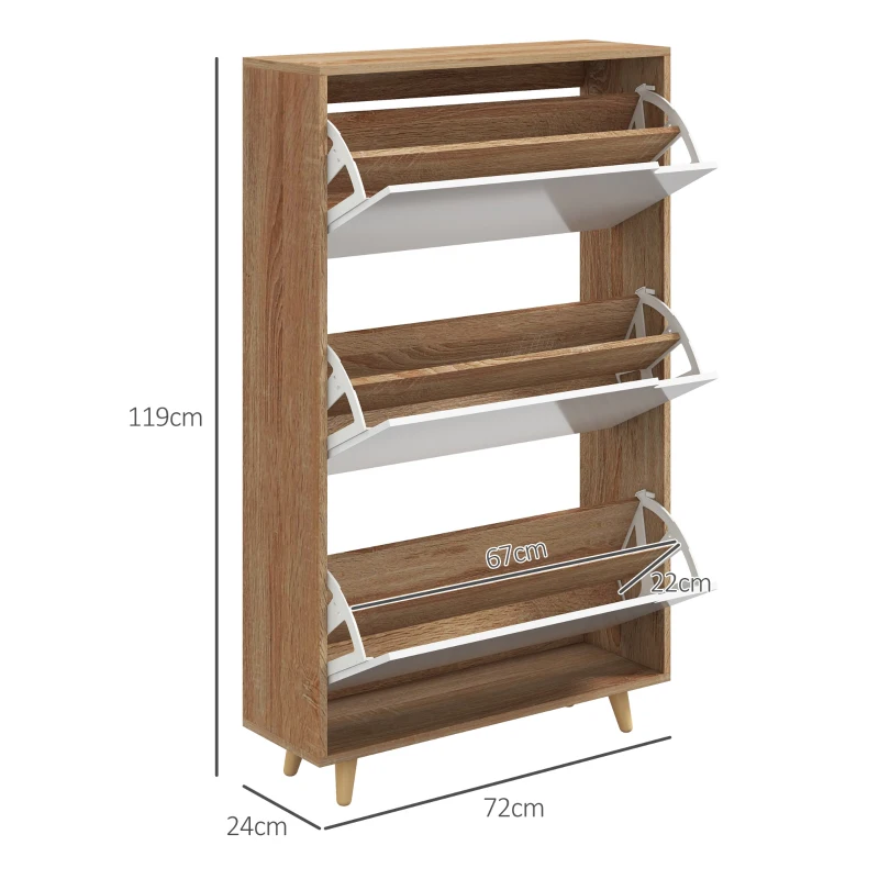 HOMCOM Mueble para Zapatos 3 abatibles con estante ajustable 72x24x119 cm natural y Blanco