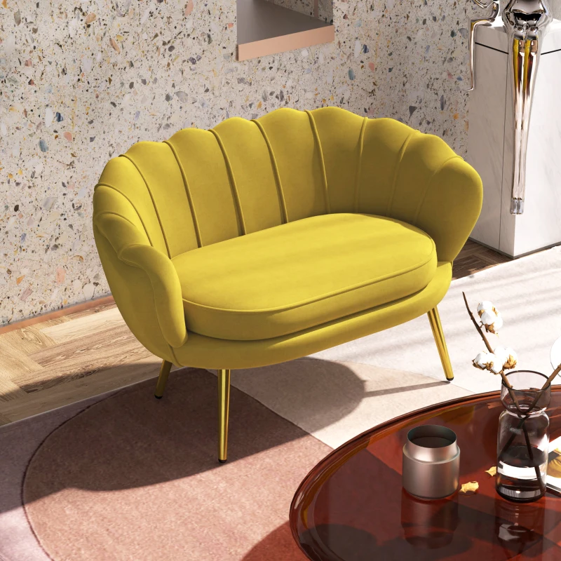 HOMCOM Divanetto 2 Posti in Stile Industrial Chic in Tessuto Effetto Velluto e Metallo, 130x77x77 cm, Giallo