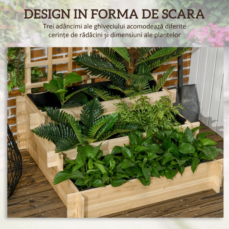 Outsunny Jardiniera cu 3 Niveluri cu Grilaj pentru Catarat Vita de Vie, Paturi Suprainaltate din Lemn pentru Gradina, Jardiniera in Aer Liber pentru Legume, Flori, Ierburi, Nuanta Natur