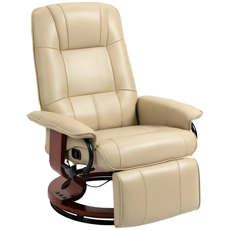 HOMCOM Sillón relax reclinable reposapiés ajustable giratorio 360° base de madera revestimiento en símil cuero Crema