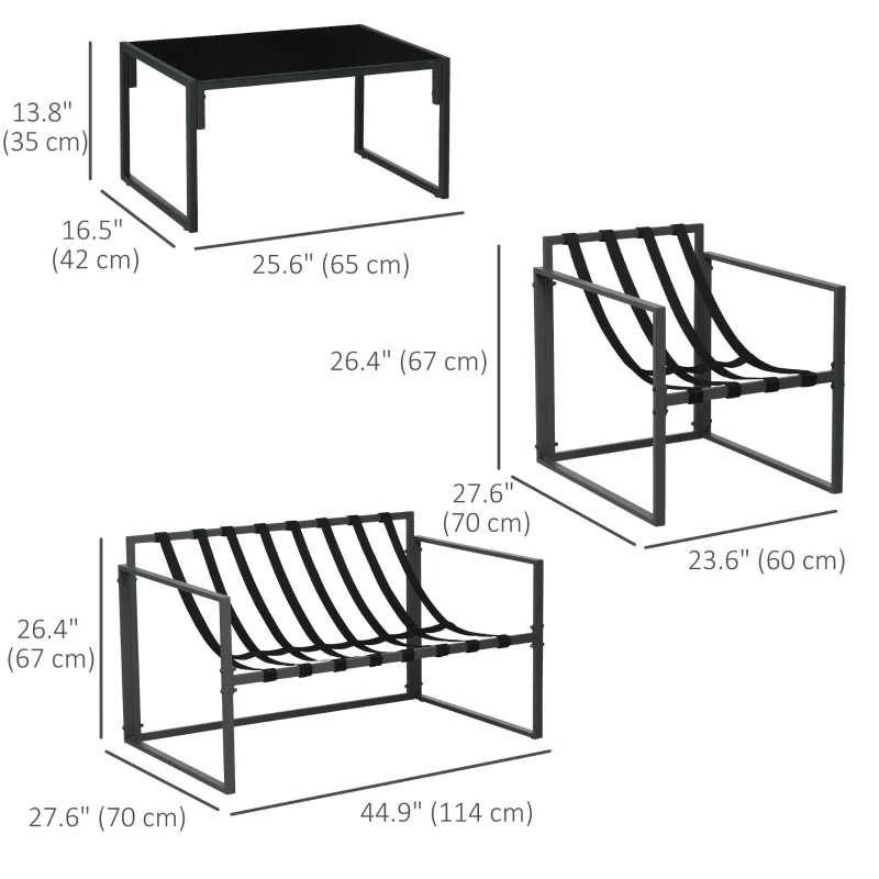Outsunny Tuinmeubelset met Glazen Tafel, 2 Stoelen, 1 Bank, Weerbestendig, 114 cm x 70 cm x 67 cm, Grijs+Beige