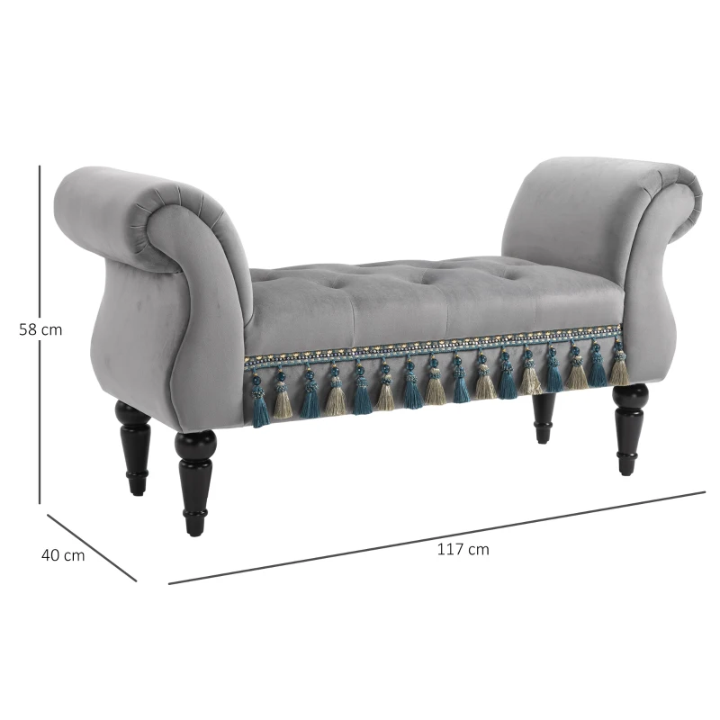 HOMCOM Banco Acolchado de Terciopelo para Pie de Cama con Apoyabrazos Patas de Madera de Caucho Gris 40x117x58 cm