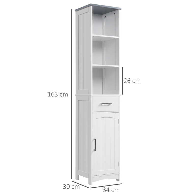 kleankin Mueble de columna de baño con armario 3 compartimentos y cajón - 34x30x163 cm - MDF Blanco