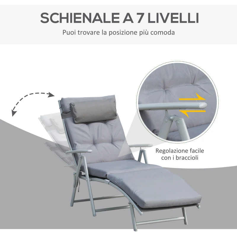 Outsunny Sdraio da Giardino Pieghevole con Materassino e Cuscino, Schienale con 7 Reclinazioni, 137x63.5x100.5cm, Grigio