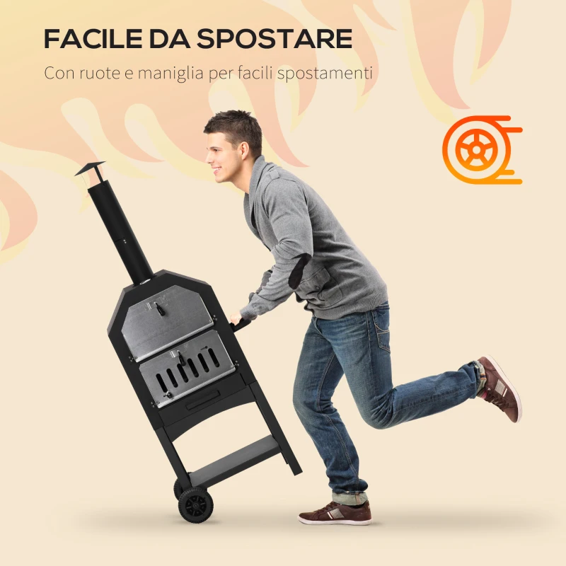 Outsunny Forno per Pizza Barbecue a Carbonella, BBQ da Esterni/Giardino in Acciaio Inox con Termometro, 64x54x160cm