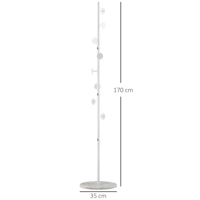 HOMCOM Cabideiro de Pé Cabideiro para Roupas com 8 Ganchos para Pendurar Bolsas Chapéus com Base de Mármore para Dormitório Corredor Entrada 35x35x170cm Branco