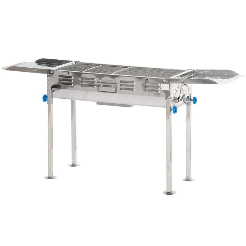 Outsunny Barbecue a Carvão de Aço Inoxidável Portátil com Altura Ajustável 2 Prateleiras 120x31x60-70cm Prata