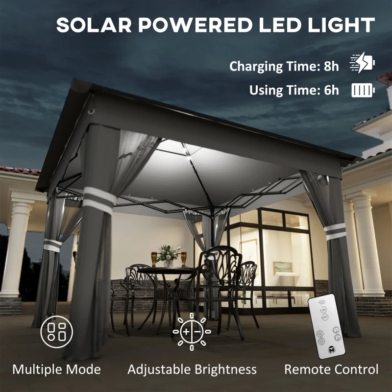 Outsunny 3.36 x 3.36m Pop Up Gazebo Party Tent with Solar-Powered LED Lights, Adjustable Event Shelter with Netting, Grey