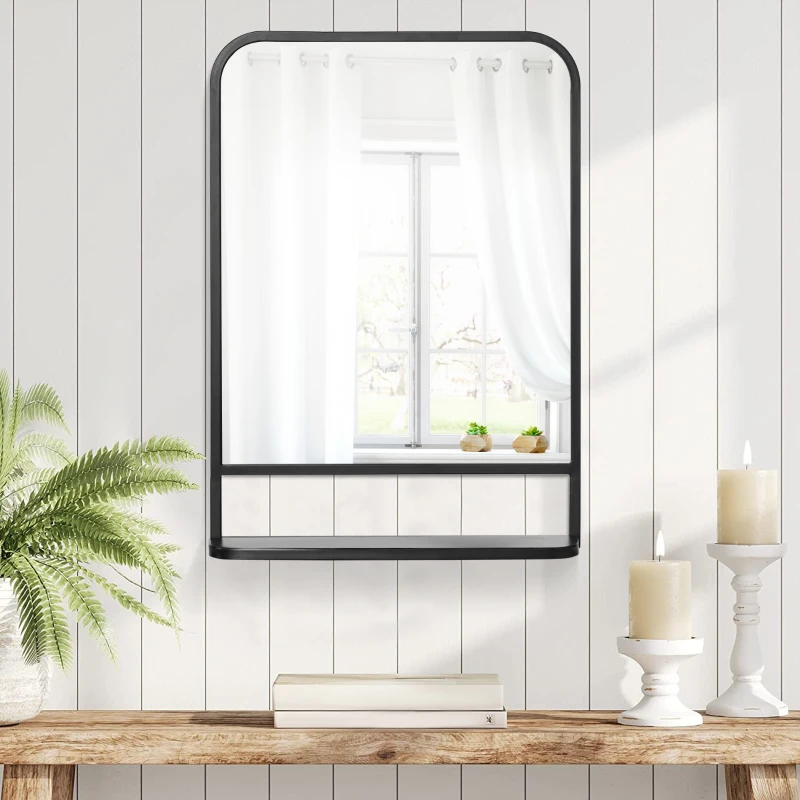 HOMCOM Espelho Decorativo de Parede 70x50cm Espelho Retangular de Metal com Prateleira de Armazenamento Estilo Moderno Preto