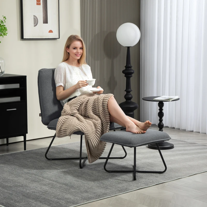 HOMCOM Poltrona Sala de Estar com Apoio para os Pés Poltrona Relax com Pés de Aço em Forma de Cruz Cinza Escuro